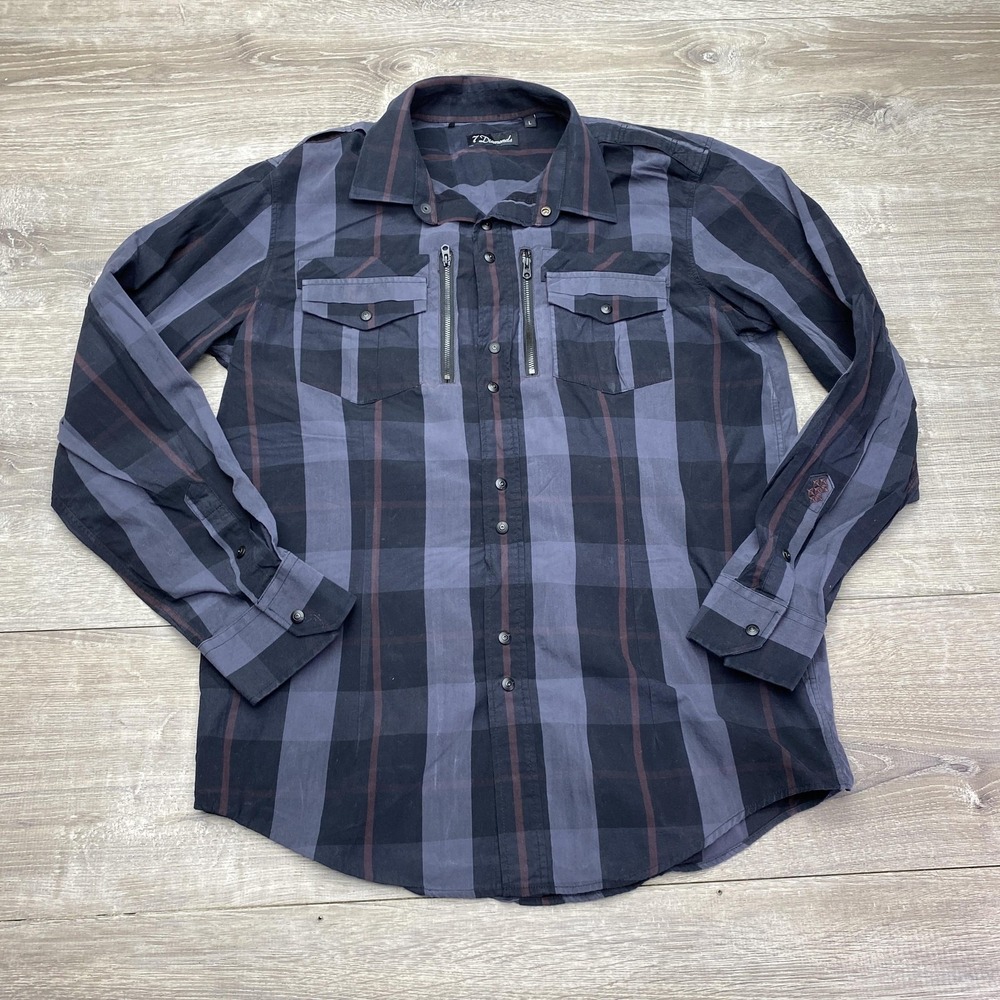 7 Diamonds Shirt Mens‎ Large Gray Plaid Long Sleeve Button Up Zipper Pockets